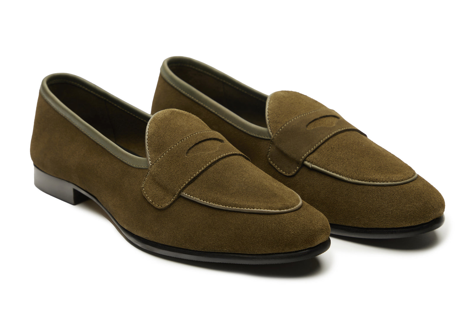 Belgian Loafers With Penny Saddle In Olive Suede